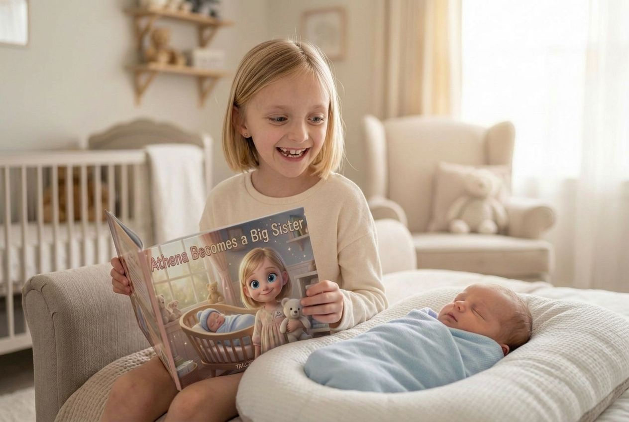 Young girl reading a personalized Tailored Tales big sister book while sitting next to her newborn sibling.