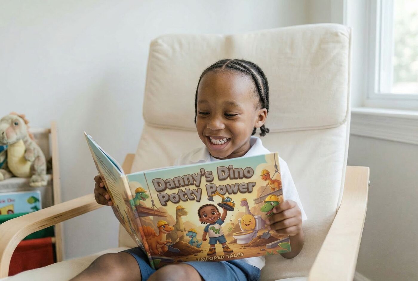 Young boy smiling while reading a personalized Tailored Tales potty training book.