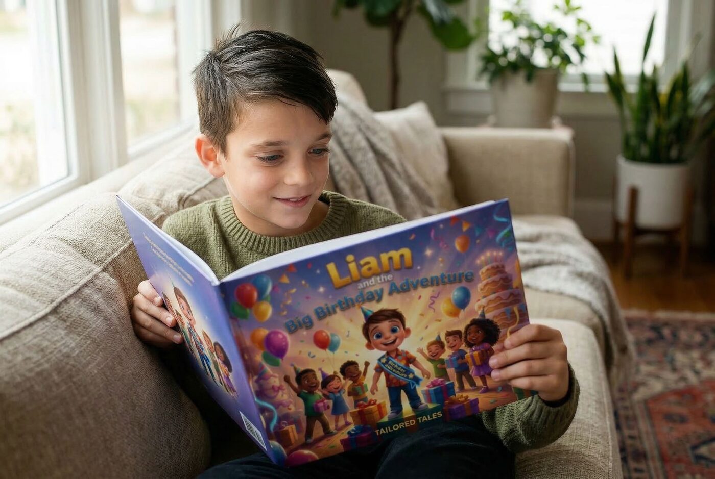 Young boy sitting on a couch reading a personalized Tailored Tales birthday adventure book starring himself.