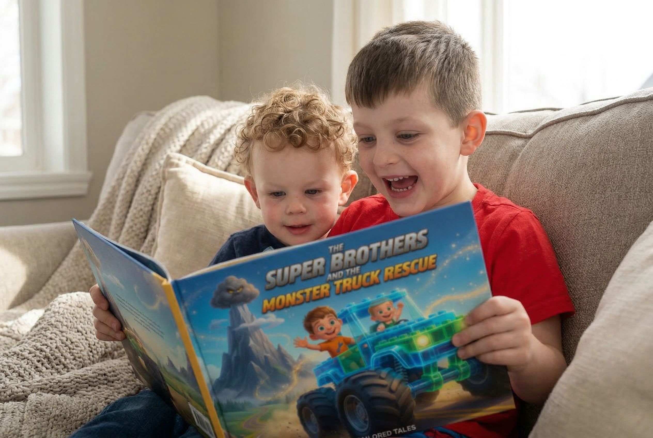 Two young brothers sitting together on a couch reading a personalized Tailored Tales monster truck book starring them both.