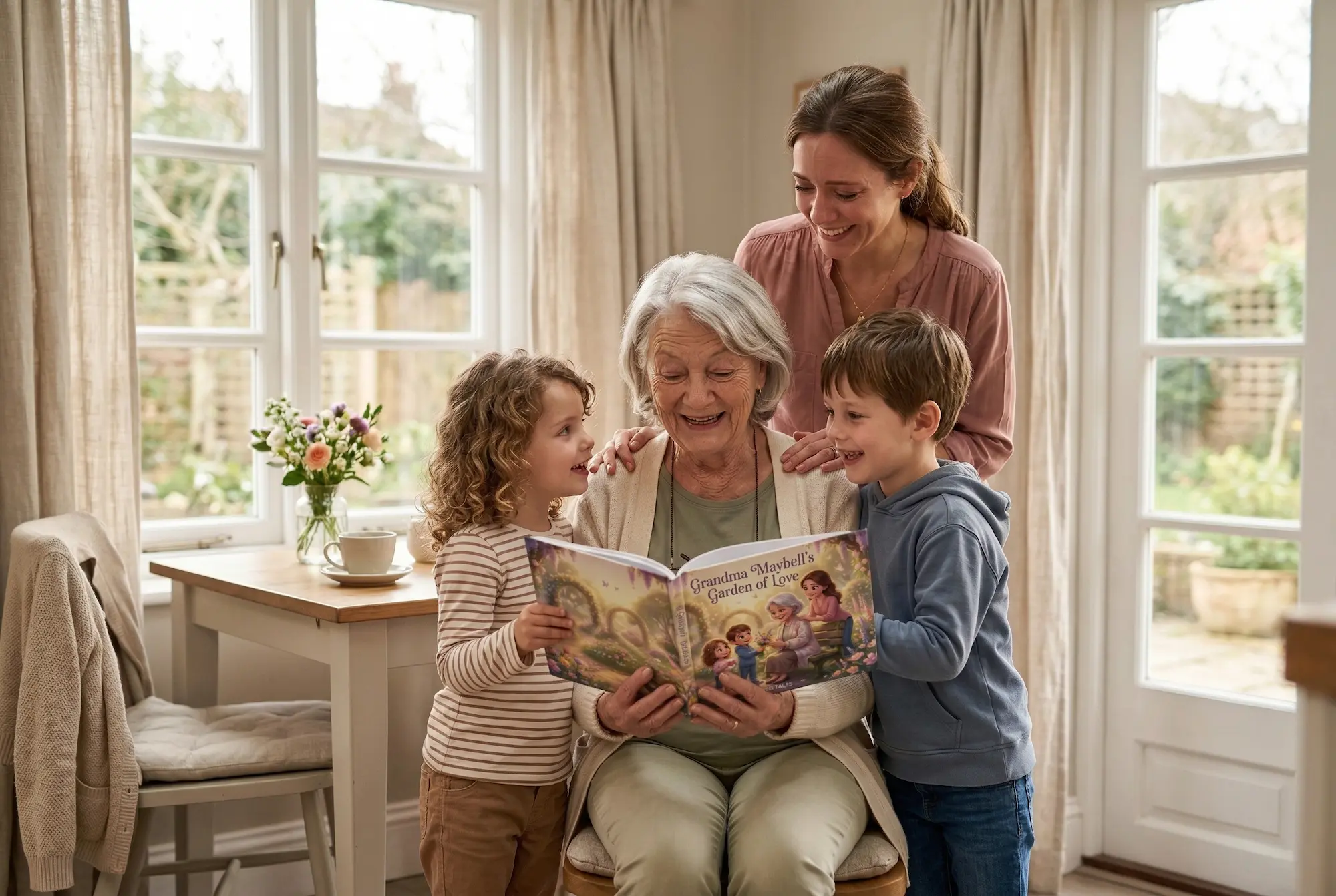Grandmother reading a personalized Tailored Tales Mother's Day book with her grandchildren while their mother stands behind them.