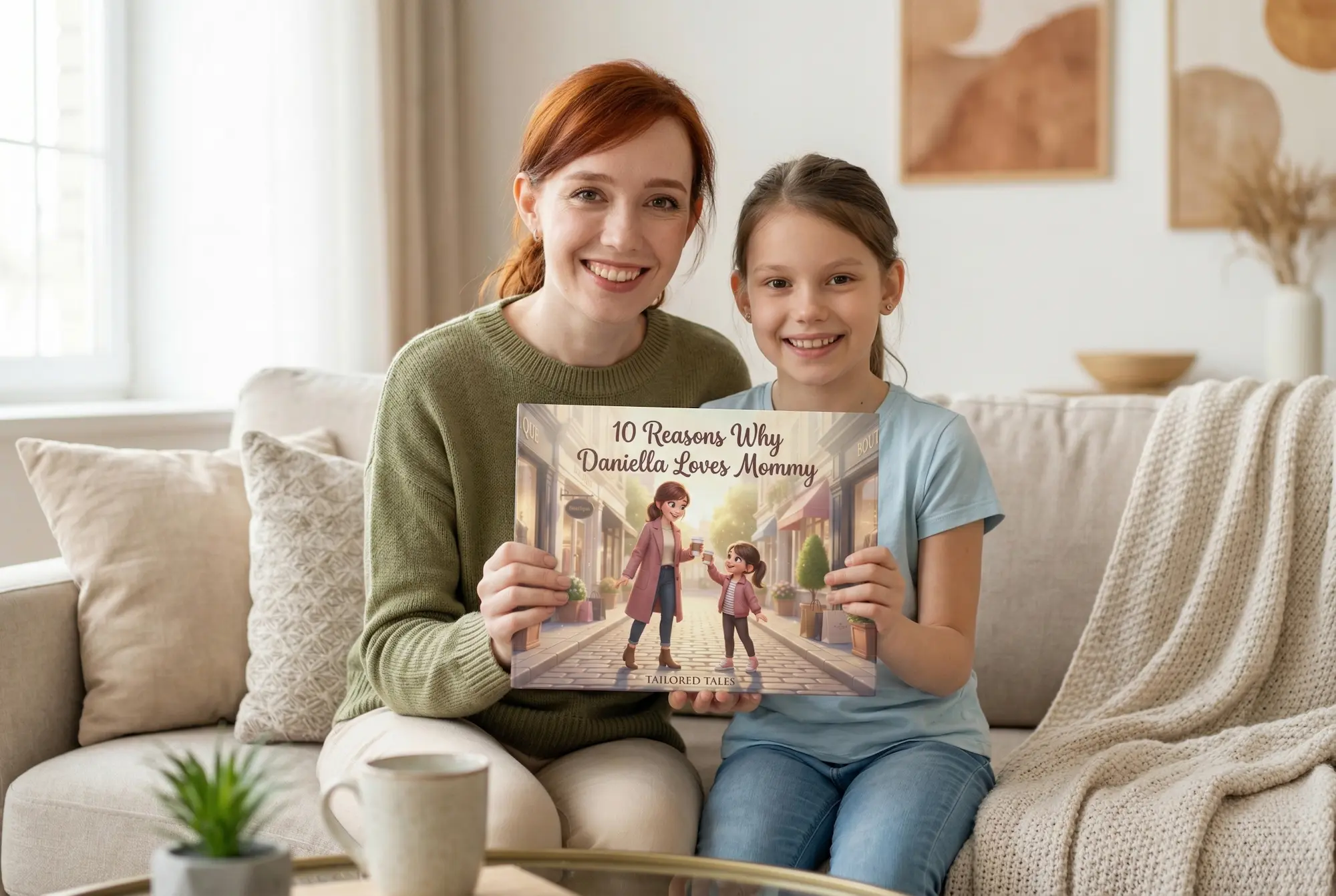 Mother and daughter smiling on a couch while holding a personalized Tailored Tales Mother's Day book.